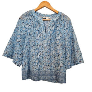 VINEYARD Vines Frangipani Floral Beachy Popover Blue and White Top, Size XS